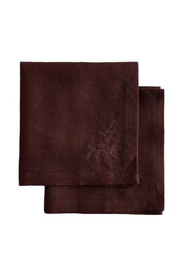 Zara LINEN NAPKIN WITH FLORAL EMBROIDERY (SET OF 2) - Burgundy