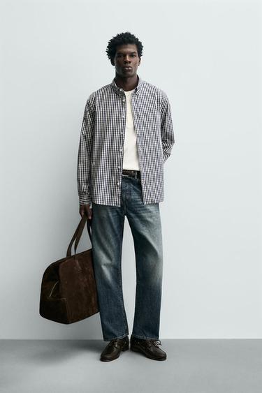 CHECK SHIRT WITH POCKET - Navy / White by Zara