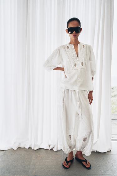 PANTALON BOUFFANT DENTELLE ZW COLLECTION - Blanc cassé de Zara