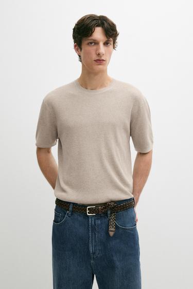 Zara Short sleeve knit cotton blend sweater - Beige / Green