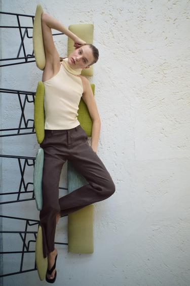 ZW COLLECTION 100% LINEN FLARE TROUSERS - Mink by Zara