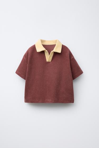Zara CONTRAST COLLAR TERRY POLO SHIRT - Terracotta