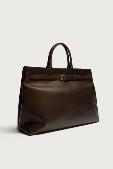 LEATHER HANDBAG - Brown by Zara