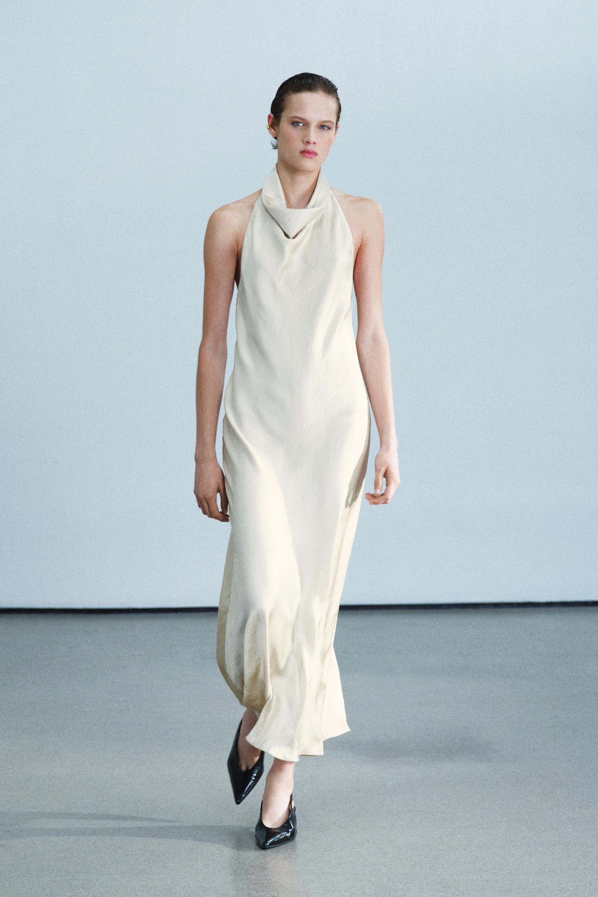Zara ZW COLLECTION SATEN YÜZEYLİ HALTER MİDİ ELBİSE görsel 6