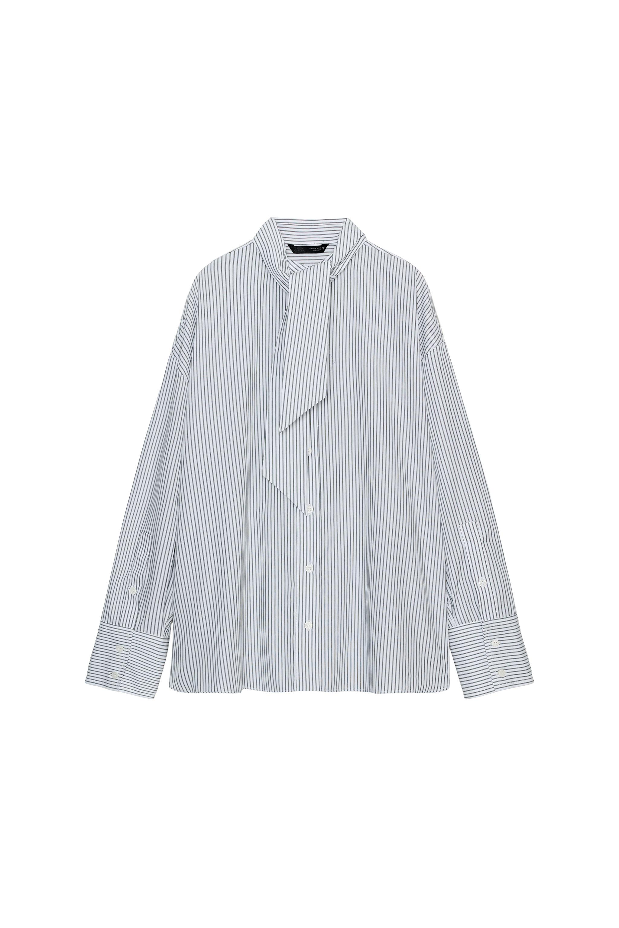 STRIPED POPLIN SHIRT WITH SCARF DETAIL - White / Green | ZARA Canada
