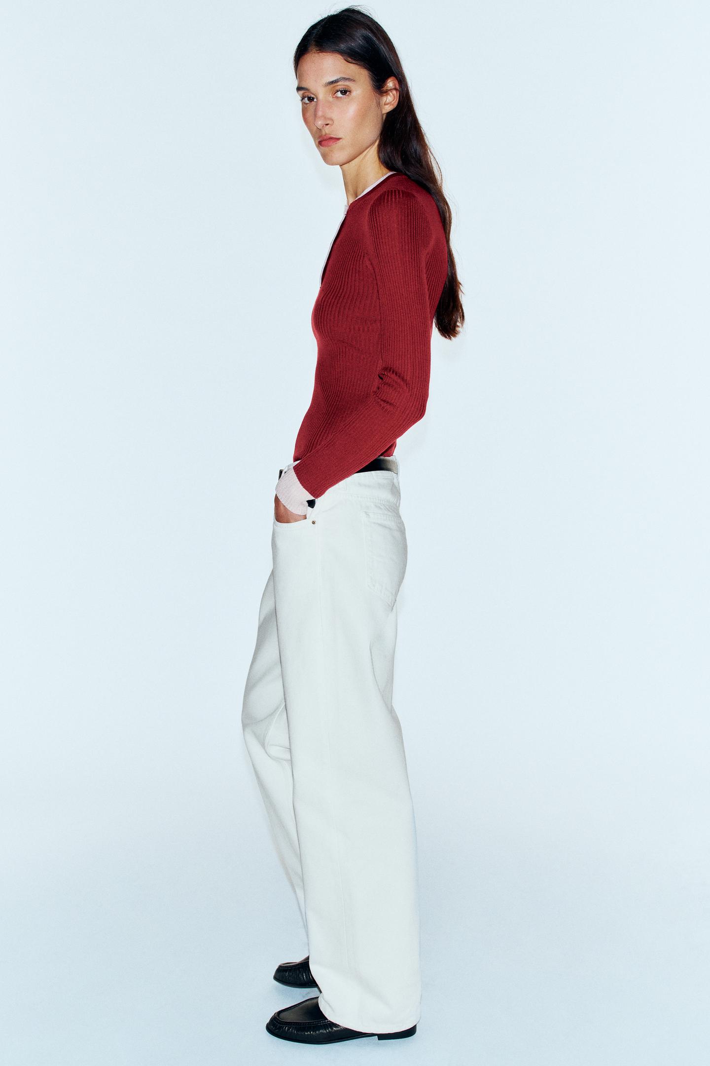 Женский топ Zara Contrast Layered Henley Top, цвет: Тёмно-бордовый — фото 4