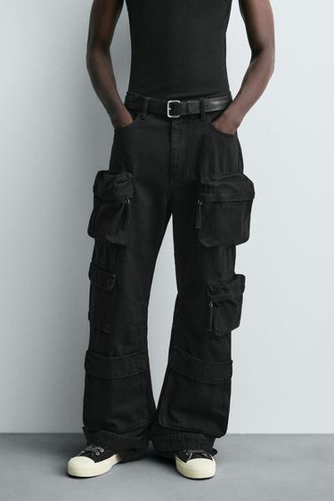 Zara DENIM CARGO PANTS WITH POCKETS - Black