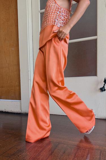Zara SATIN STRAIGHT-LEG TROUSERS - Orange