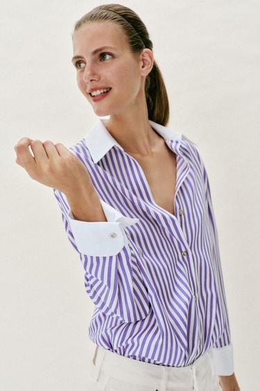 CHEMISE EN POPELINE À RAYURES - Lilas / Blanc de Zara - Image 2