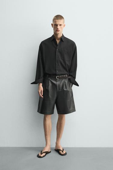 RELAXED FIT LEATHER BERMUDA SHORTS WITH PLEATS - Black by Zara