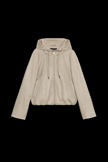 Zara FAUX SUEDE HOODED BOMBER JACKET - taupe brown