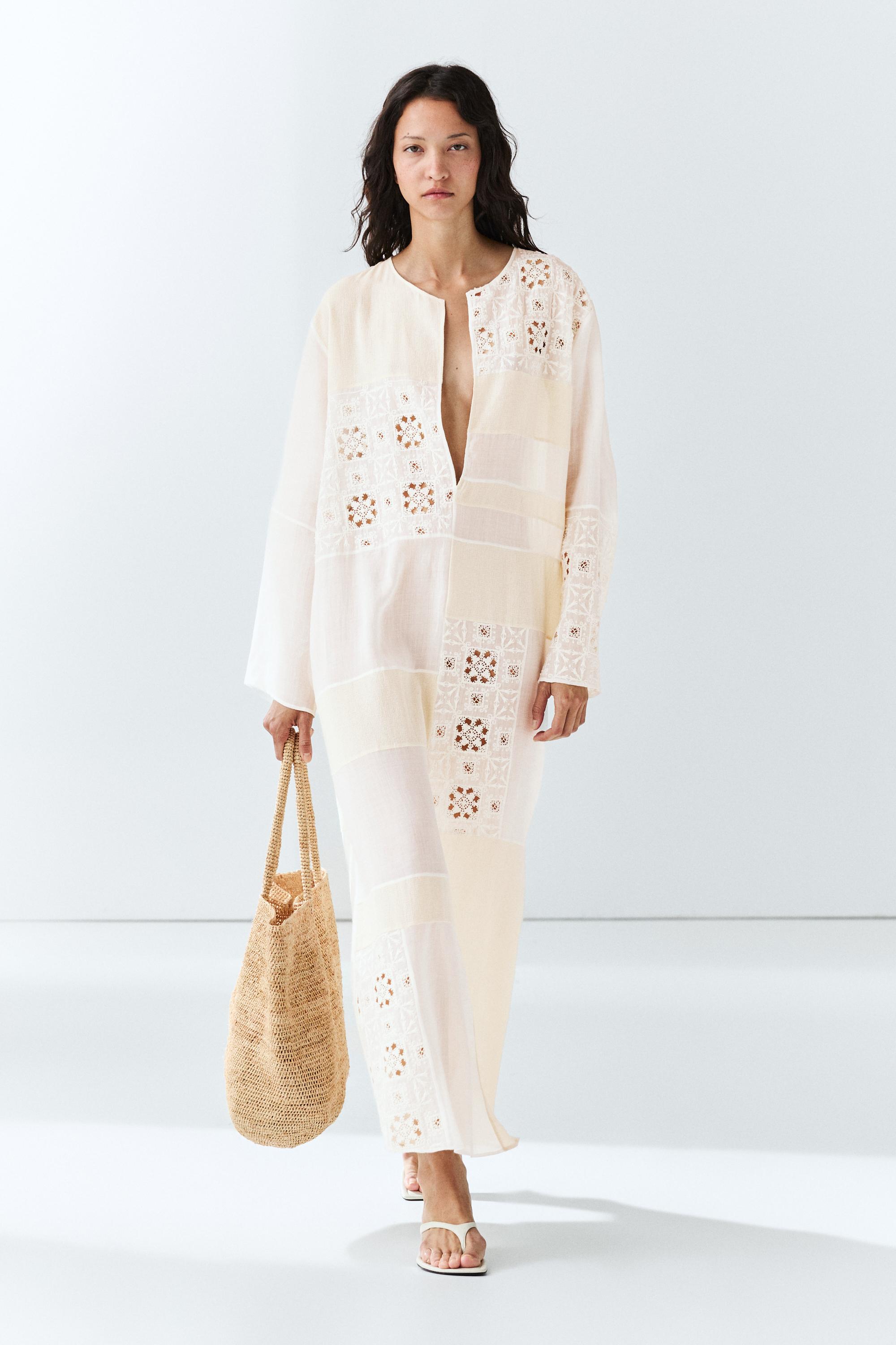 Flowing embroidered kaftan dress — White