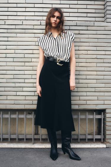 CONTRAST STRIPED MIDI DRESS WITH BELT - Ecru / Black by Zara - Image 0