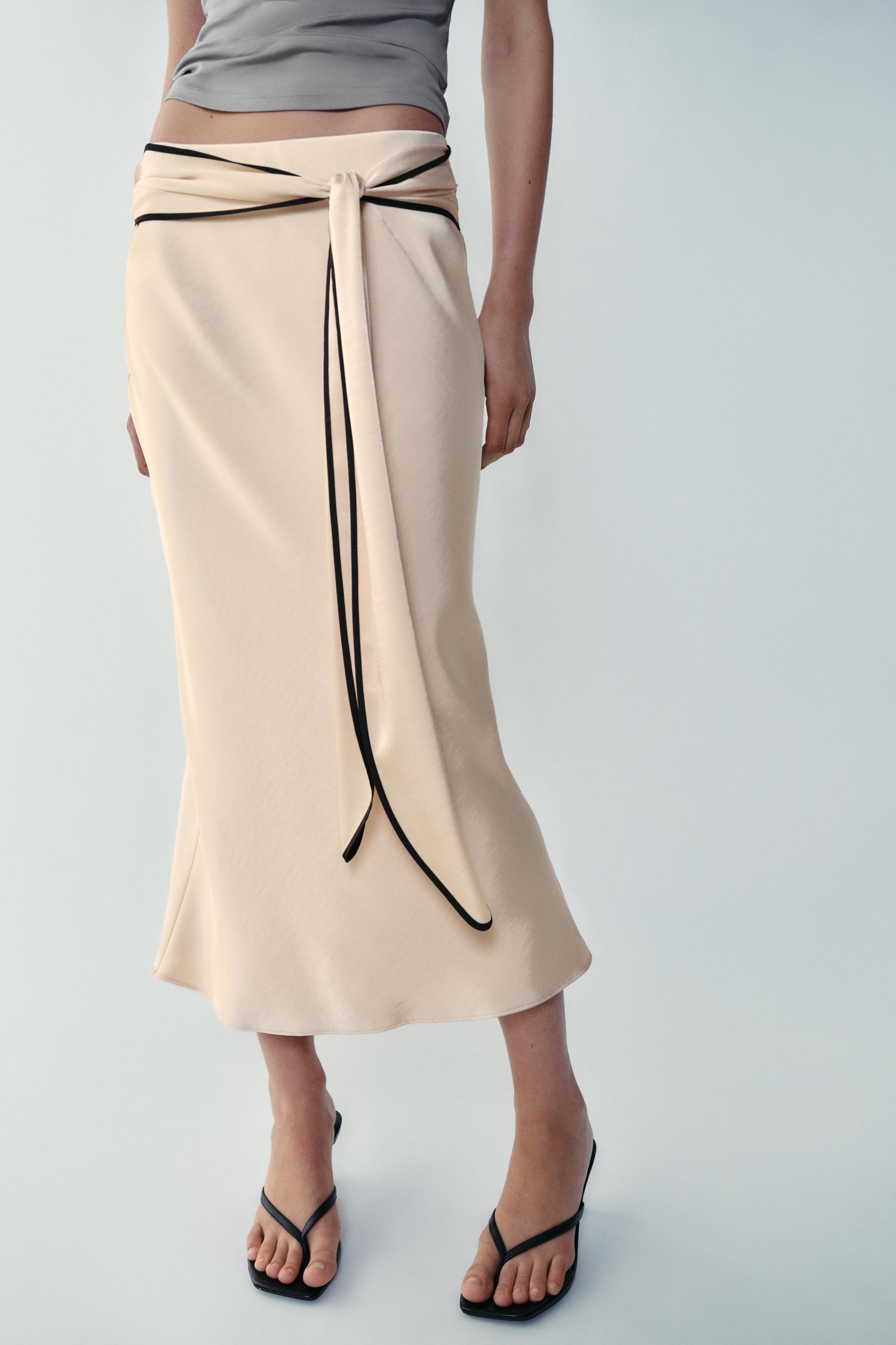 SATIN MIDI SKIRT WITH KNOT — Ecru
