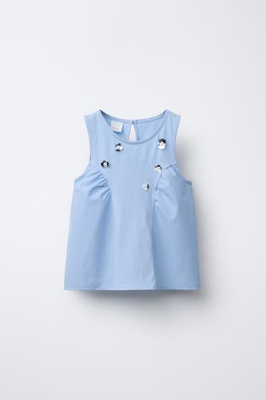 T-SHIRT COMBINADA COM FLORES - Azul da Zara - Imagem 0