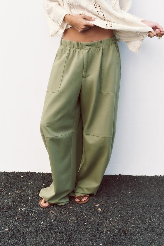 Zara Wrinkled and Satin Effect Trousers Mid Rise Olive Green Women's Small