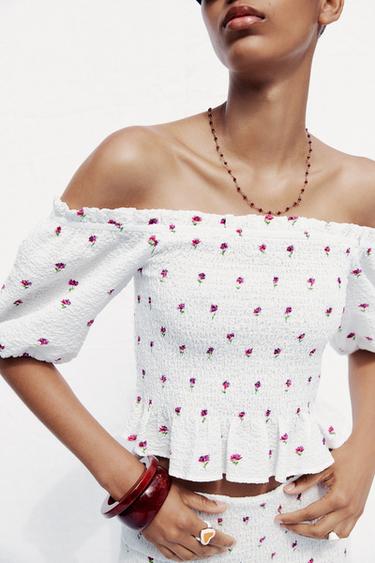 Zara FLORAL PRINT TOP - Pink / White