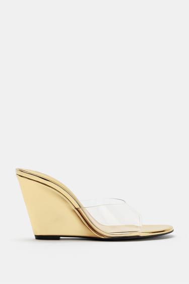 Zara LAMINATED WEDGE MULES - Gold