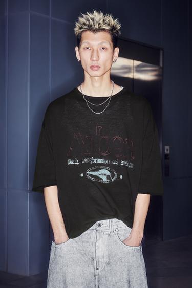 Zara 洗舊印花針織 T 恤 - 黑色