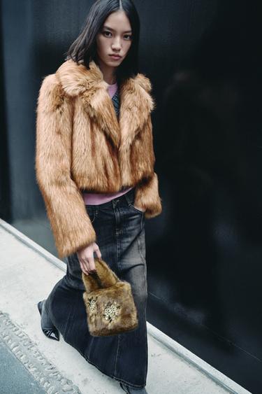 Zara ZW COLLECTION 短版人造皮草夾克 - 米色