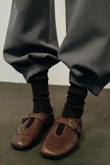 Zara LEATHER WINGTIP BALLET FLATS - Brown - Image 0