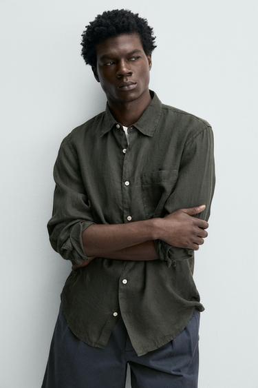 REGULAR FIT 100% LINEN SHIRT - Dark green by Zara - Image 4