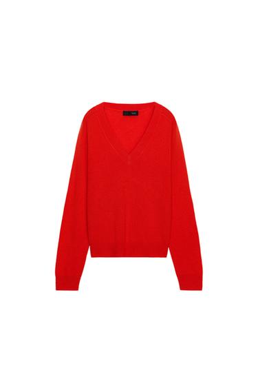 WOOL BLEND V-NECK JUMPER - Red / Coral by Zara