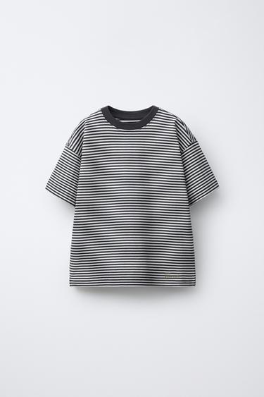 HEAVYWEIGHT STRIPED T-SHIRT WITH EMBROIDERED TEXT - Grey / Natural by Zara - Image 0