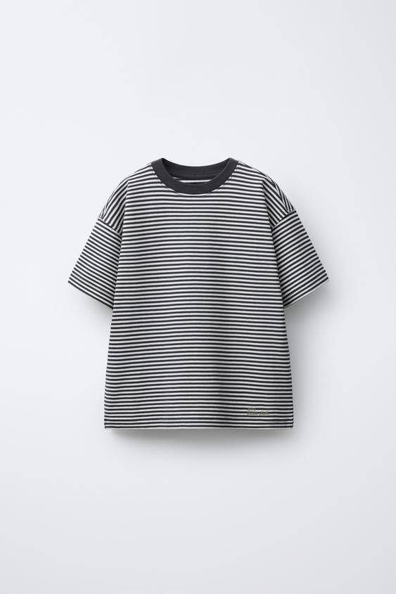 HEAVYWEIGHT STRIPED T-SHIRT WITH EMBROIDERED TEXT - Grey / Natural by Zara - Image 0