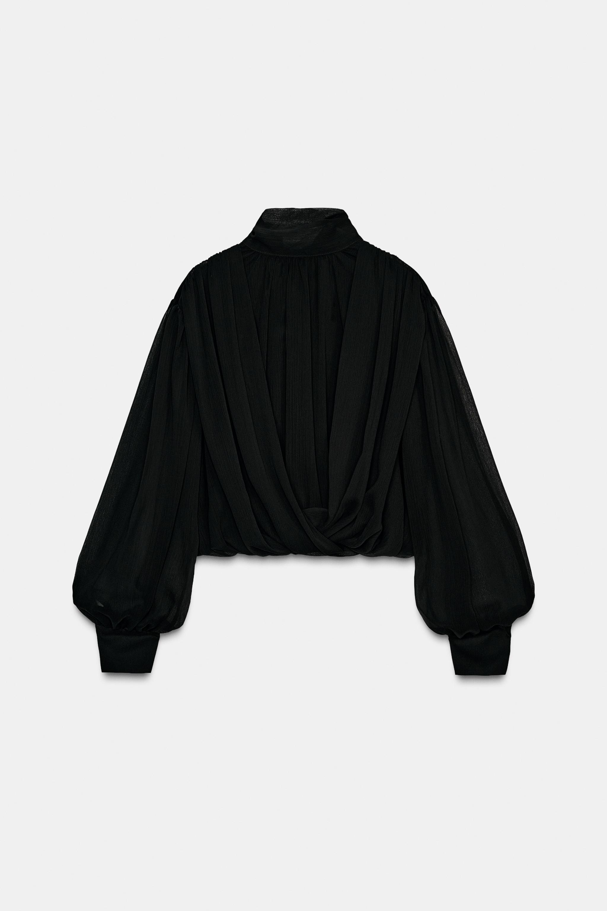 DRAPED SEMI-SHEER PUFF SLEEVE TOP