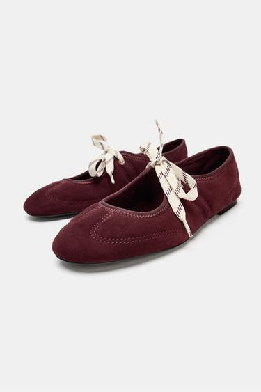 Zara LACED SPLIT LEATHER BALLET FLATS - Burgundy Red