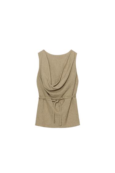 LINEN BLEND BELTED TOP ZW COLLECTION - Khaki by Zara