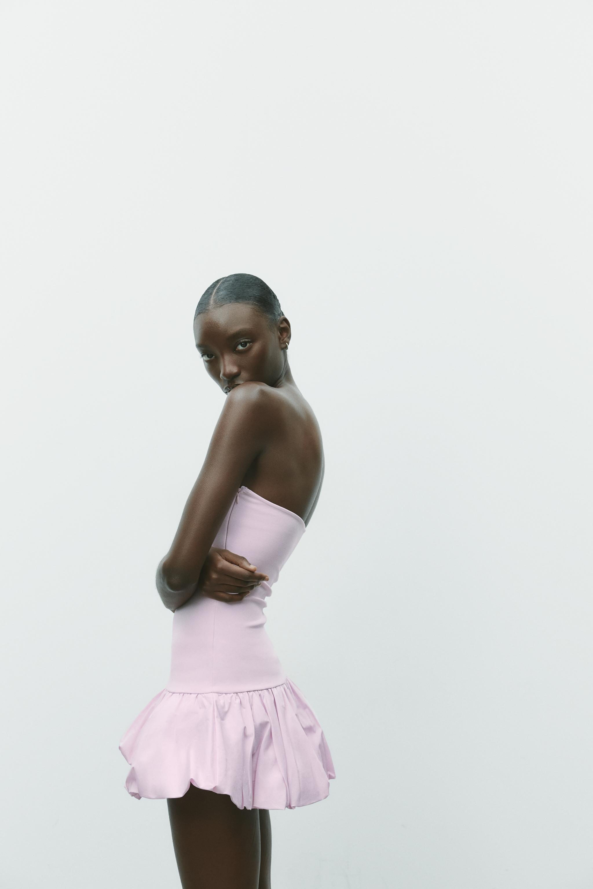 LEVAR ♥ Balloon-hem Mini Dress /追跡付 BALLOON-HEM BARDOT DRESS - Pink | ZARA Spain