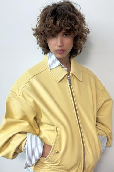 100% LEATHER BOMBER JACKET - Grapefruit yellow by Zara