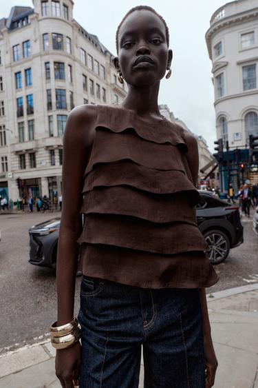 SATIN TOP WITH RUFFLES - Brown by Zara
