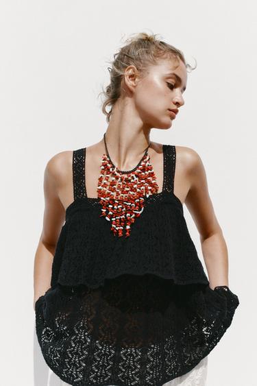 TOP EN MAILLE POINTELLE VOLANT - Noir de Zara - Image 1