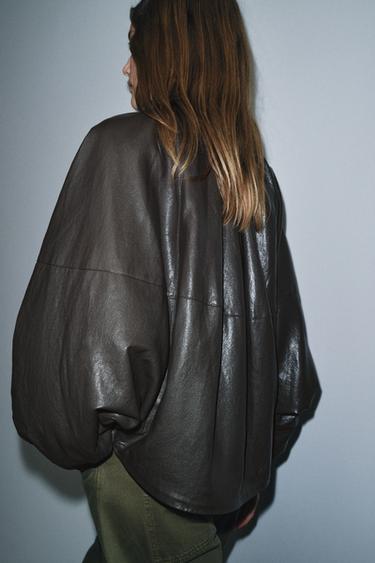 ZW COLLECTION LEATHER EFFECT BOMBER JACKET - Taupe grey by Zara - Image 2