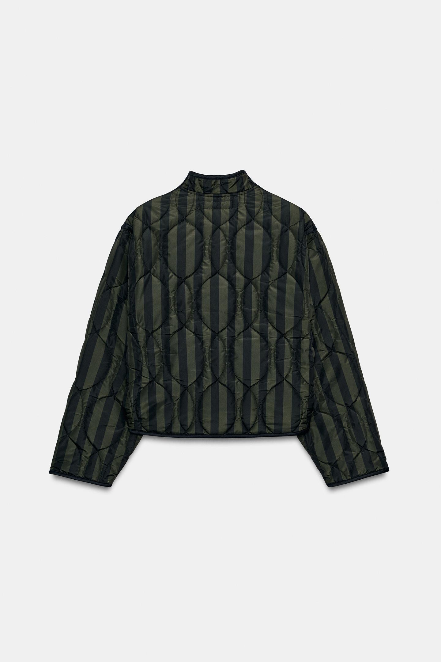 Женская куртка Zara Striped Quilted Jacket with Frog Fastenings, цвет: Тёмный хаки — фото 8