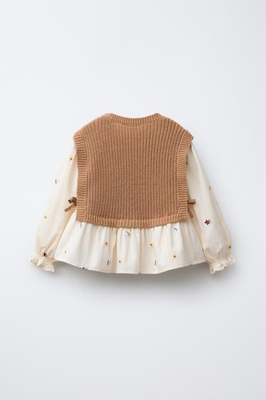 FLORAL EMBROIDERY SHIRT WITH KNITTED VEST - camel by Zara - Image 1