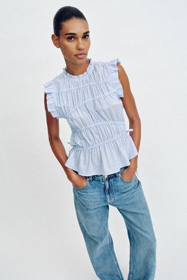 ELASTICATED STRIPED TOP - Blue/White by Zara - Image 1
