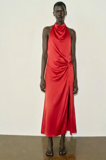 SATIN HALTER MIDI DRESS - Red by Zara