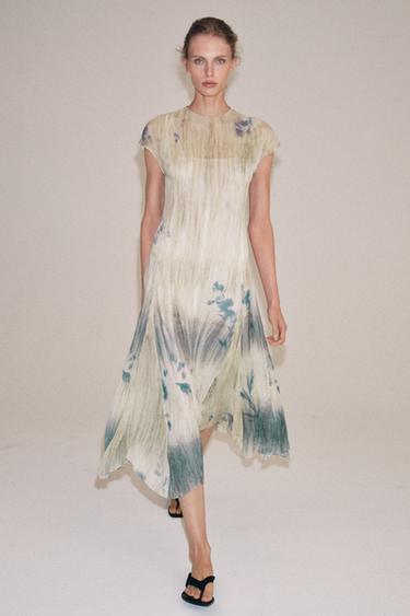 Zara ZW COLLECTION 印花中長版洋裝 - 裸色 / 藍色