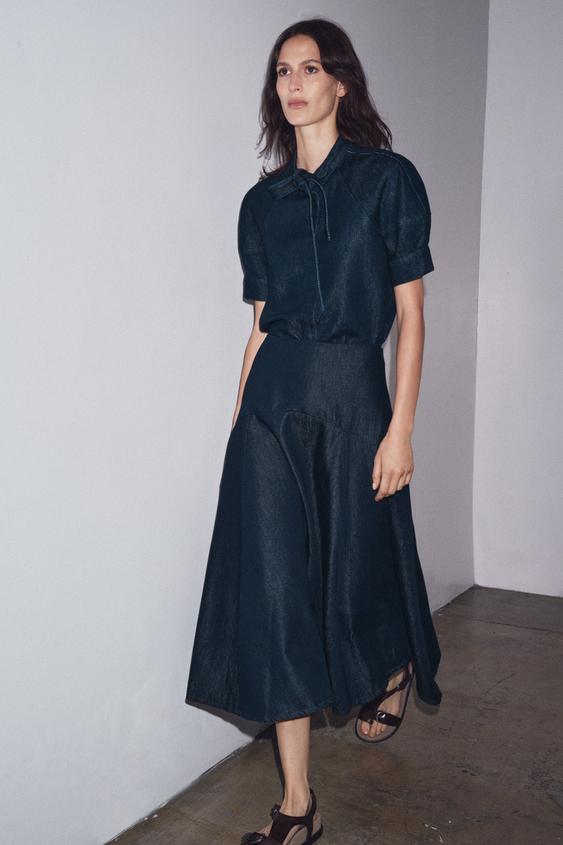 ZW COLLECTION DENIM MIDI SKIRT Blue ZARA India