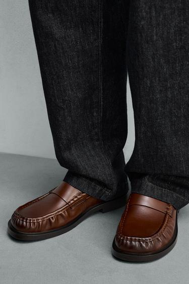 LEATHER PENNY LOAFERS - Dark tan by Zara