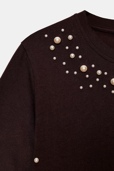 SHORT SLEEVE FAUX PEARL T-SHIRT - Brown by Zara - Image 6