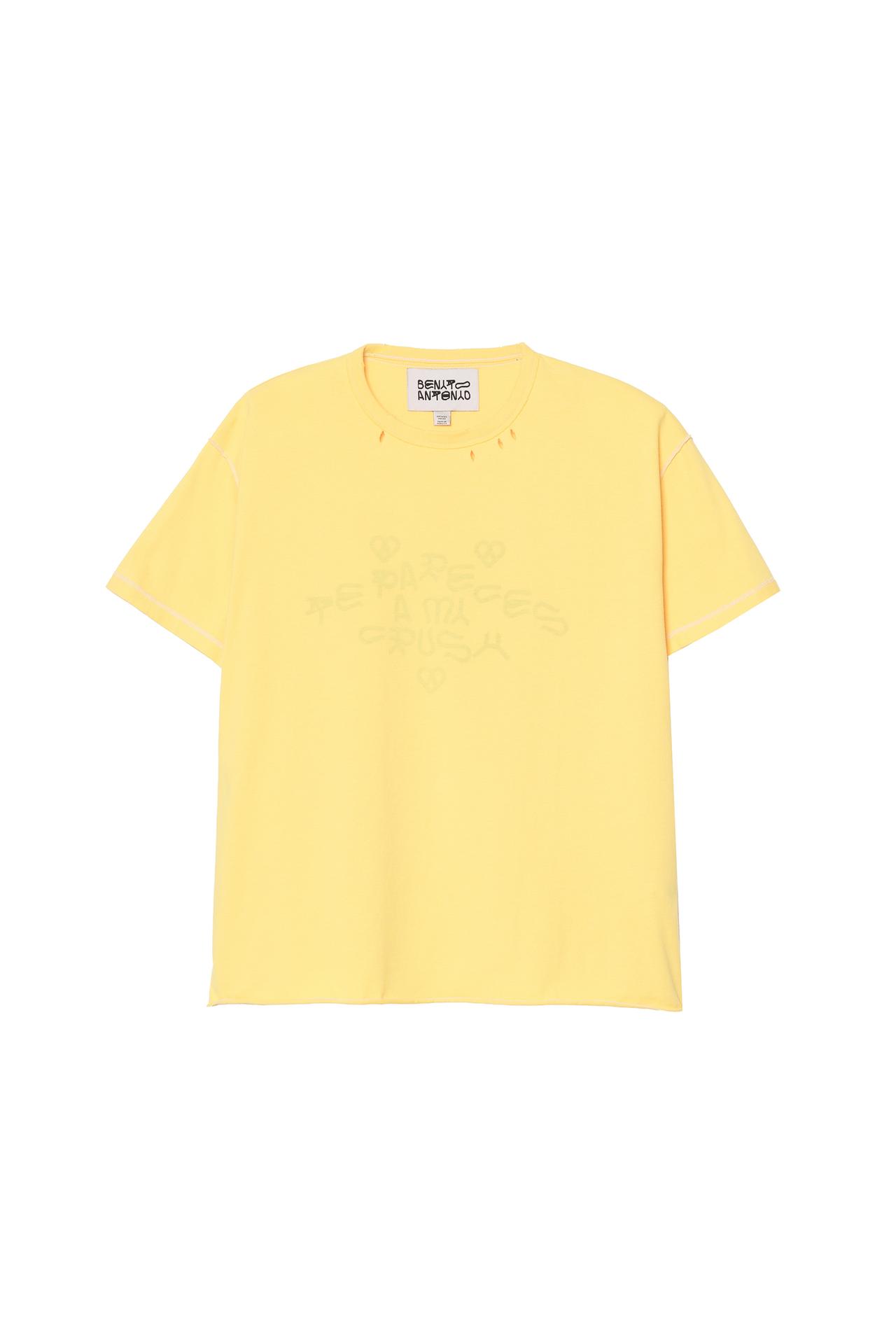 WASHED CRUSH TEXT INSIDE-OUT EFFECT T-SHIRT — Yellow