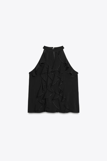 RUFFLED HALTER TOP - Black by Zara