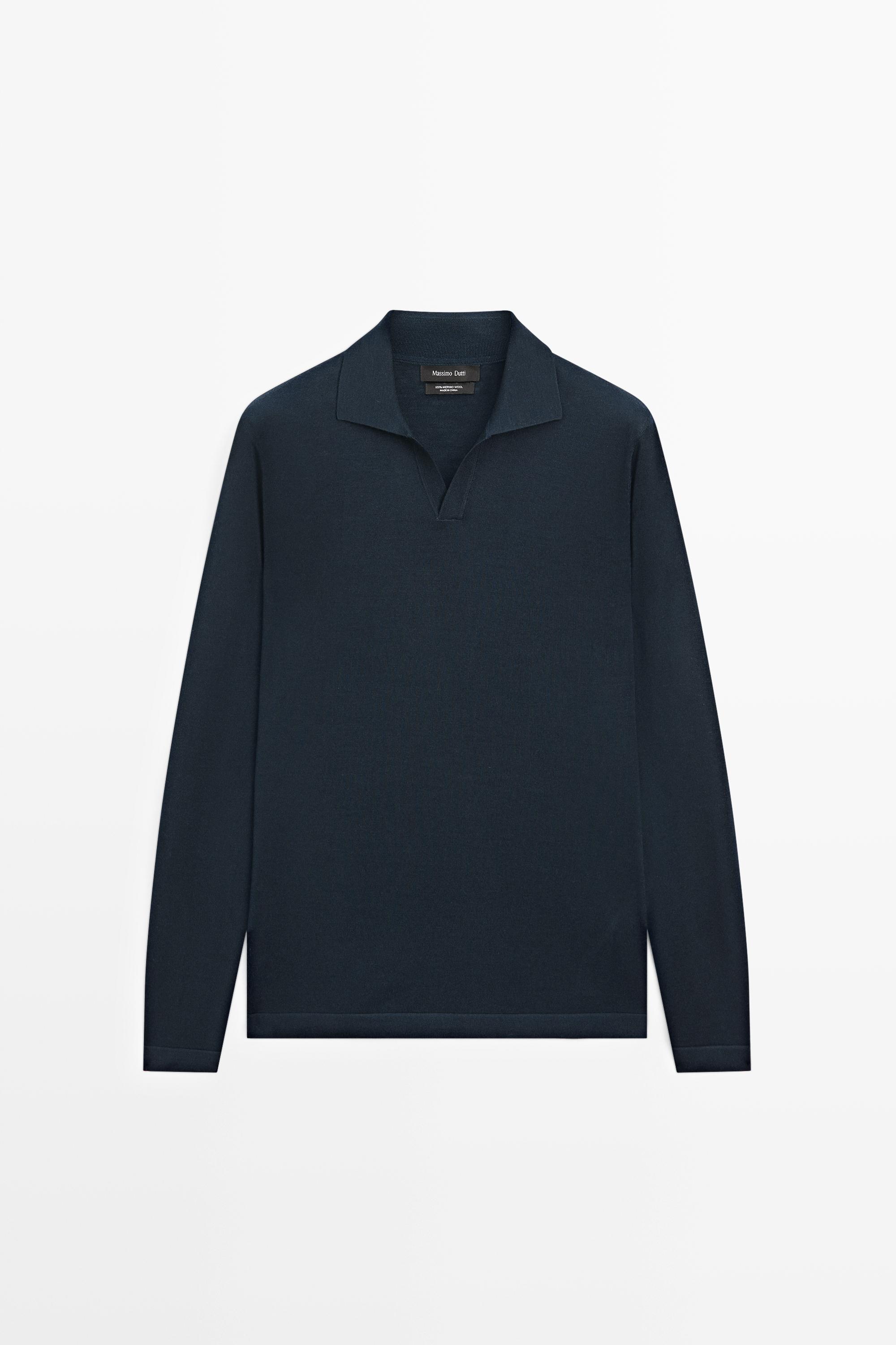 100% merino wool knit polo sweater — Navy blue