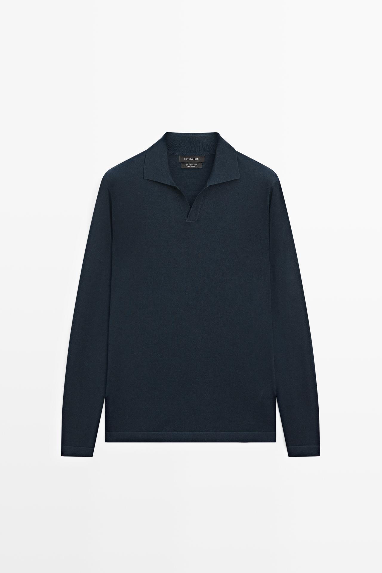 100% merino wool knit polo sweater — Navy blue