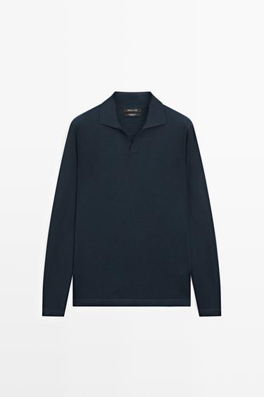 100% merino wool knit polo sweater — Navy blue 1